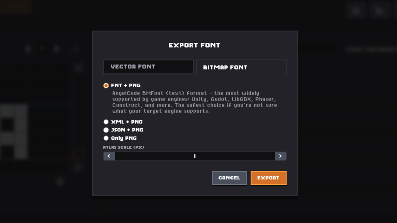 Export modal, Vector Font tab