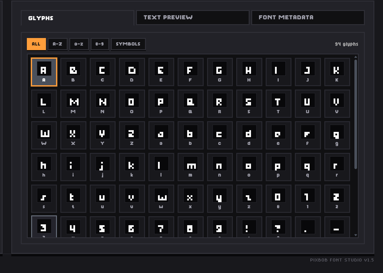 Glyph Library grid with category filters