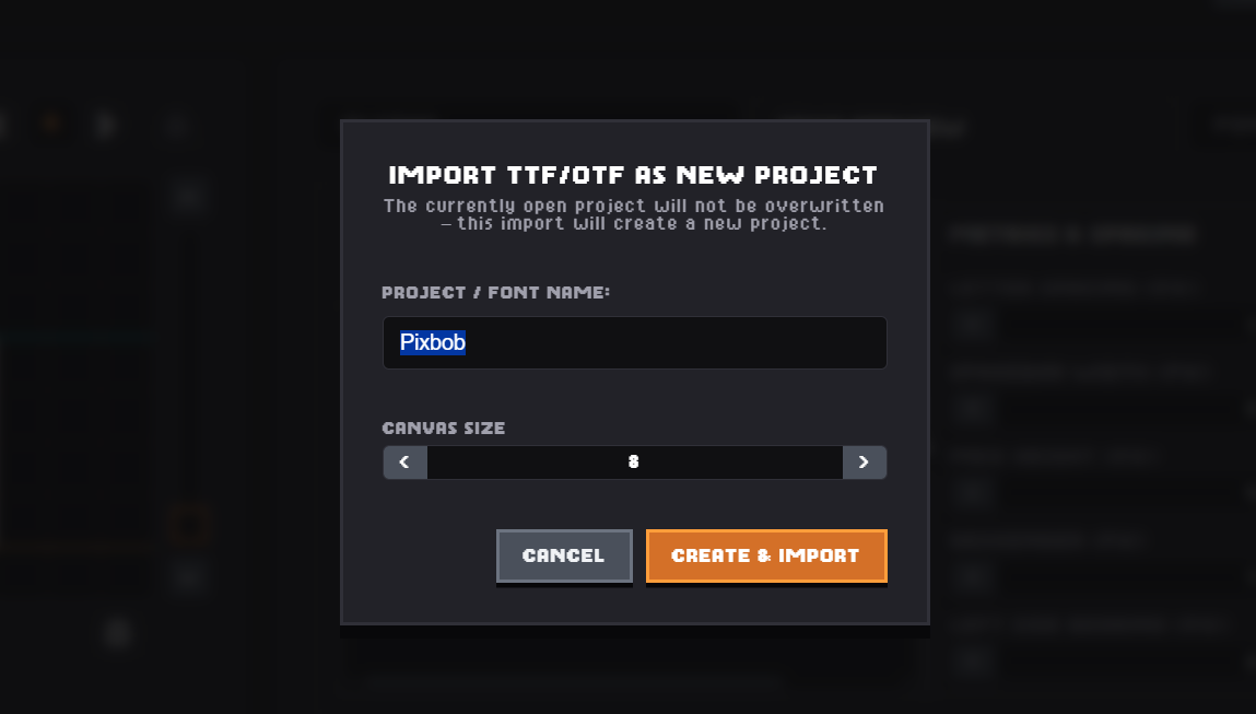 Import TTF/OTF setup modal