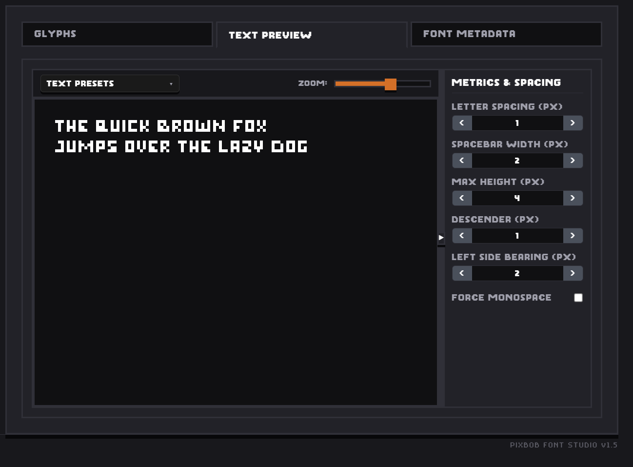 Live Text Preview with sample paragraph and zoom control