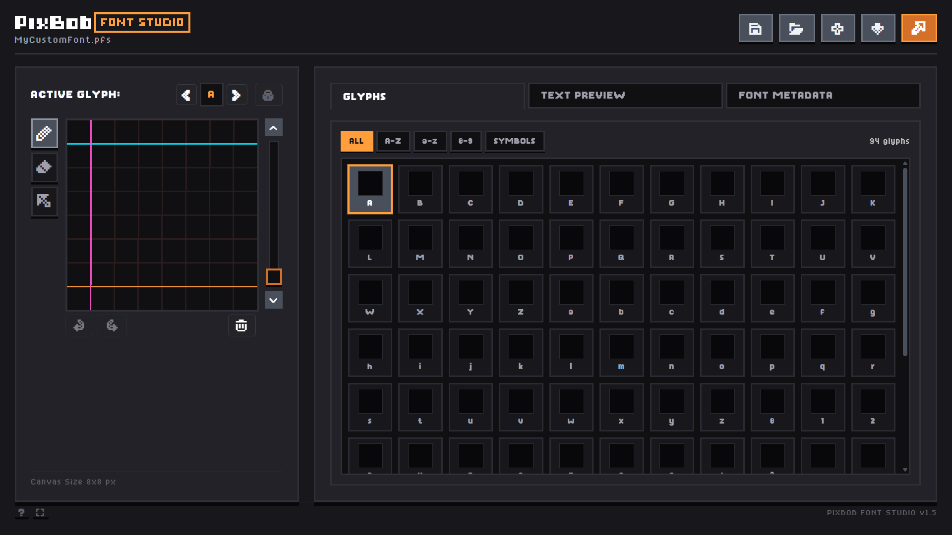 PixBob Font Studio interface with areas labelled