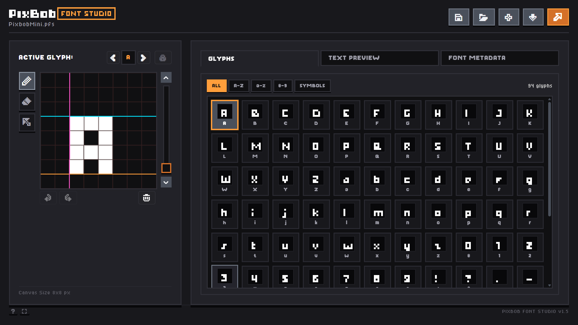 Main PixBob Font Studio interface